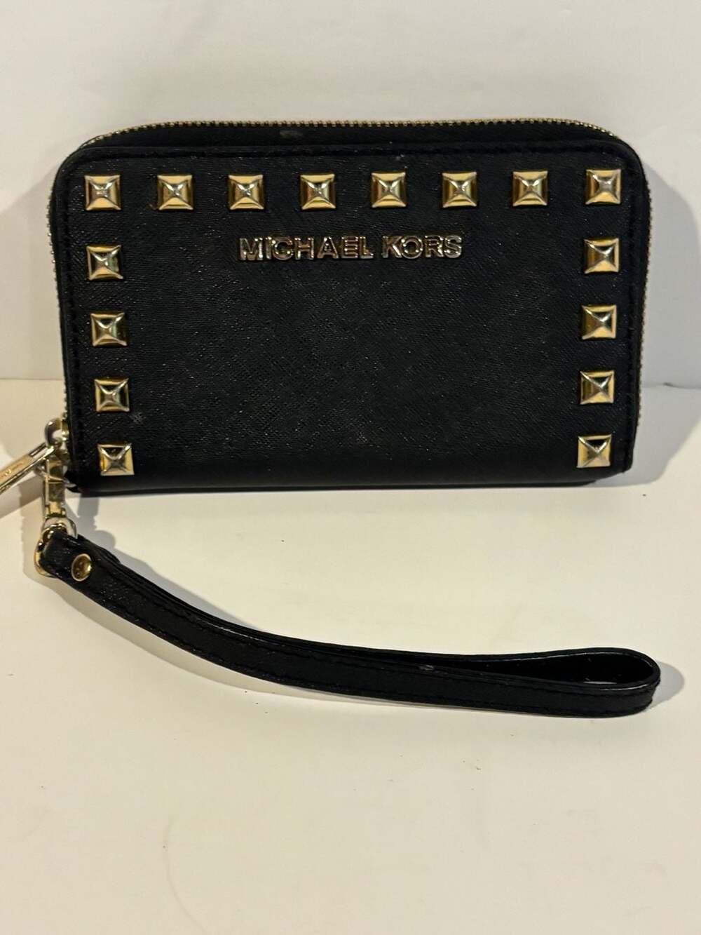 Michael Kors Black Saffiano Leather Studded Selma Zip Around Wristlet Wallet